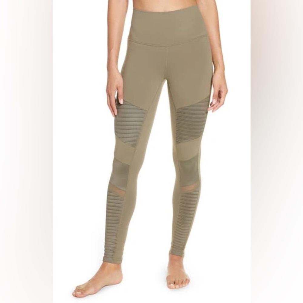 Alo Yoga High-waist Airlift Moto Legging Mesh details In Olive Branch Size S - Picture 12 of 14
